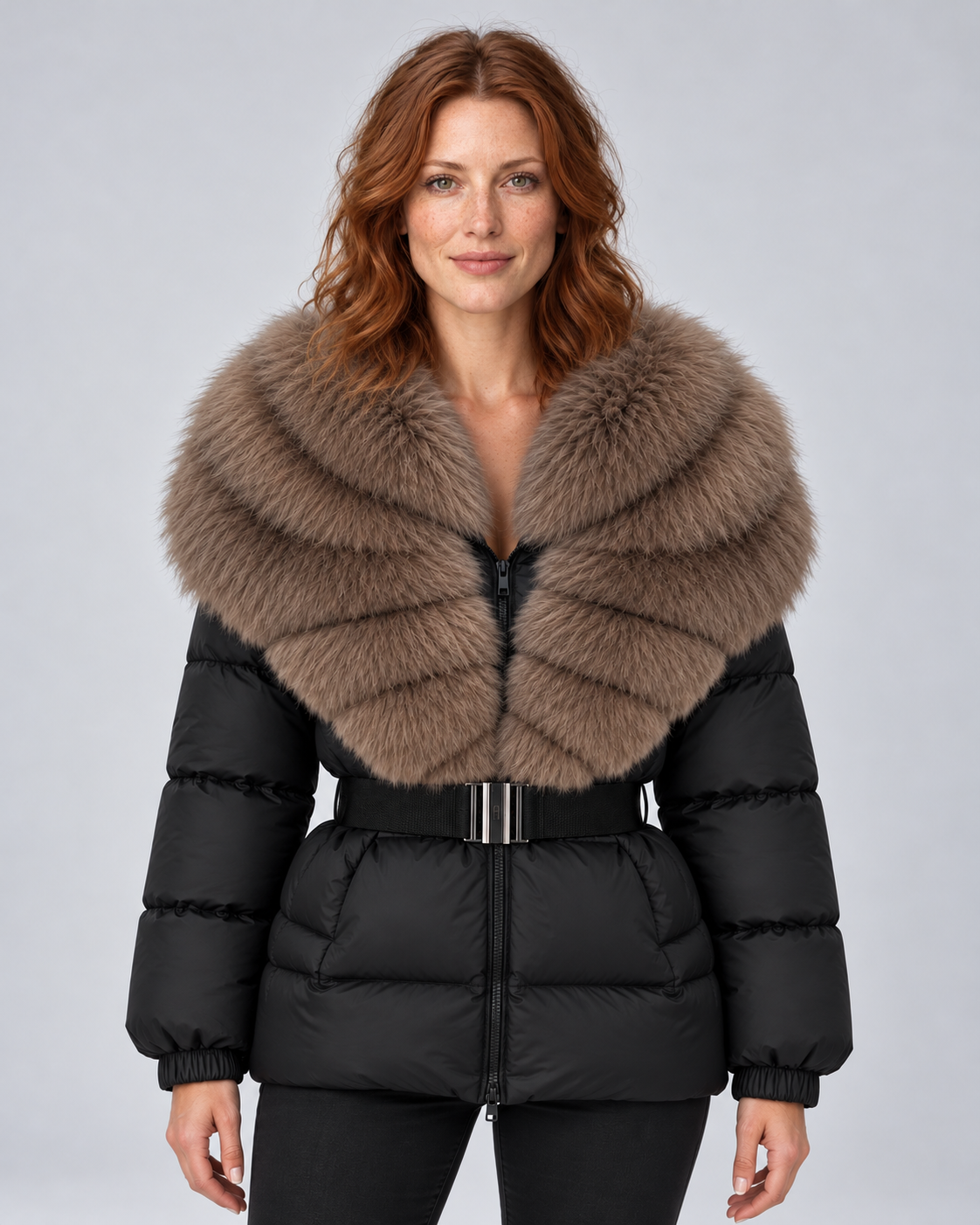 Black belted puffer jacket with faux fur collar