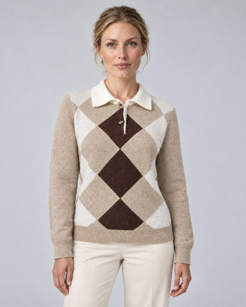 Woman wearing beige argyle knit sweater with white collar and button neck, front view