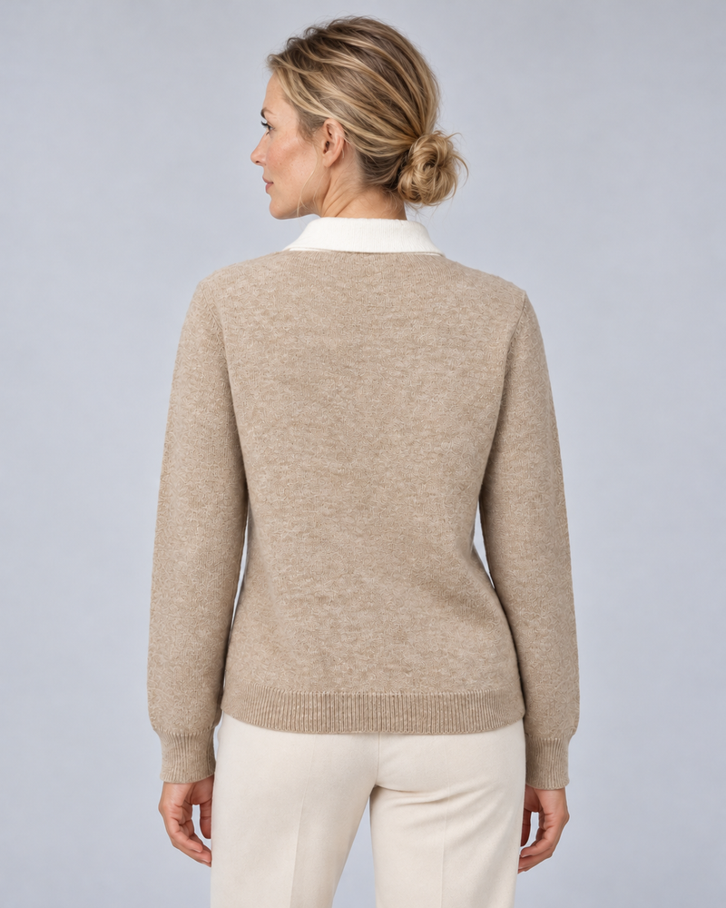 Beige collared knit sweater with plain back and ribbed hem, rear view