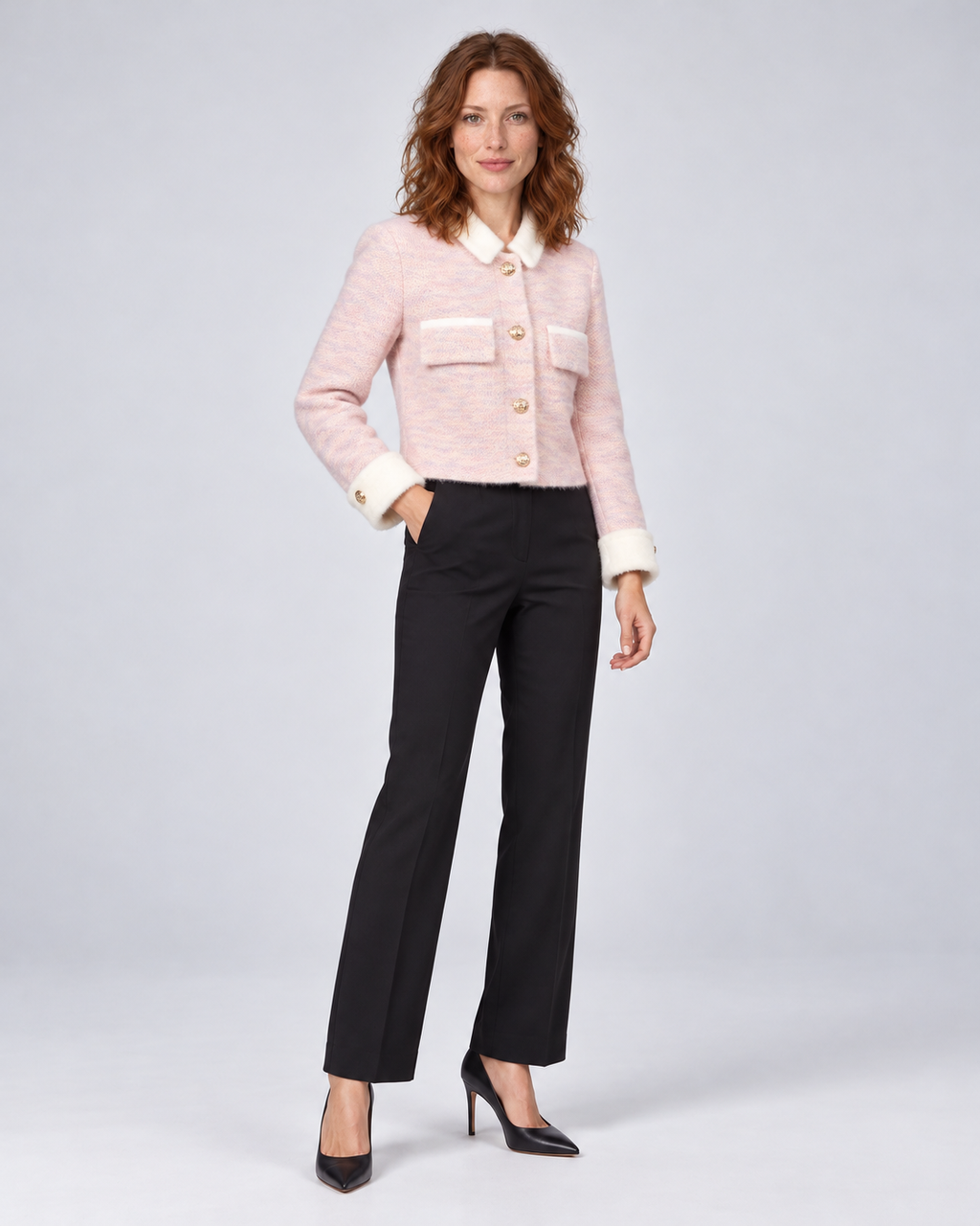 Pink fuzzy cropped contrast-collar cardigan, angle view