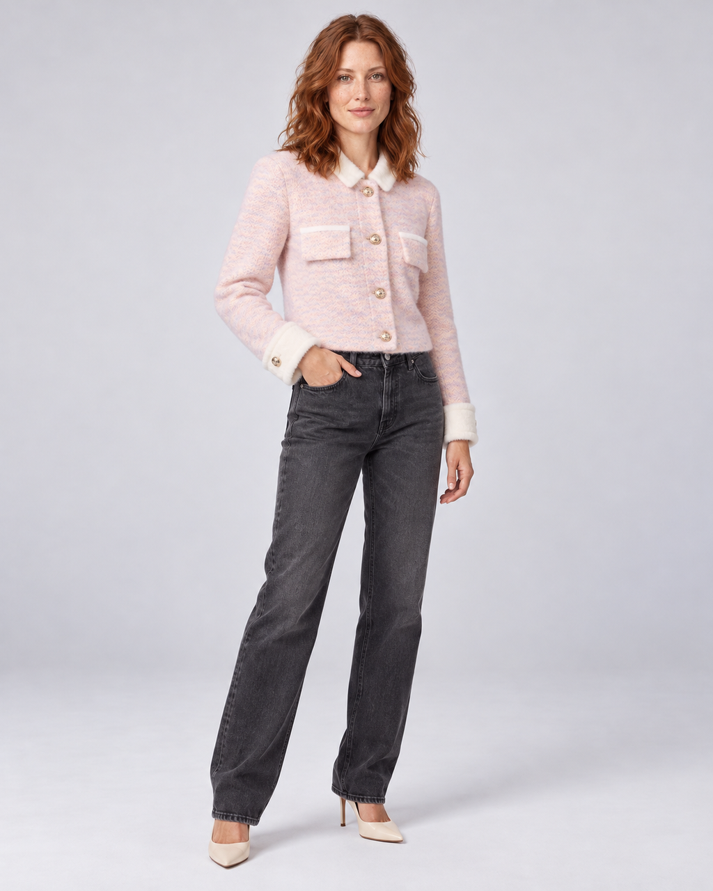 Pink fuzzy cropped contrast-collar cardigan, angle view