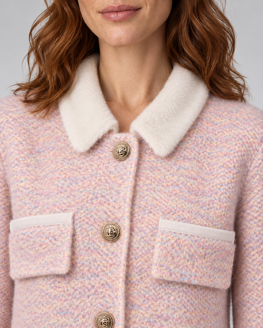 Pink fuzzy cropped contrast-collar cardigan, detail view