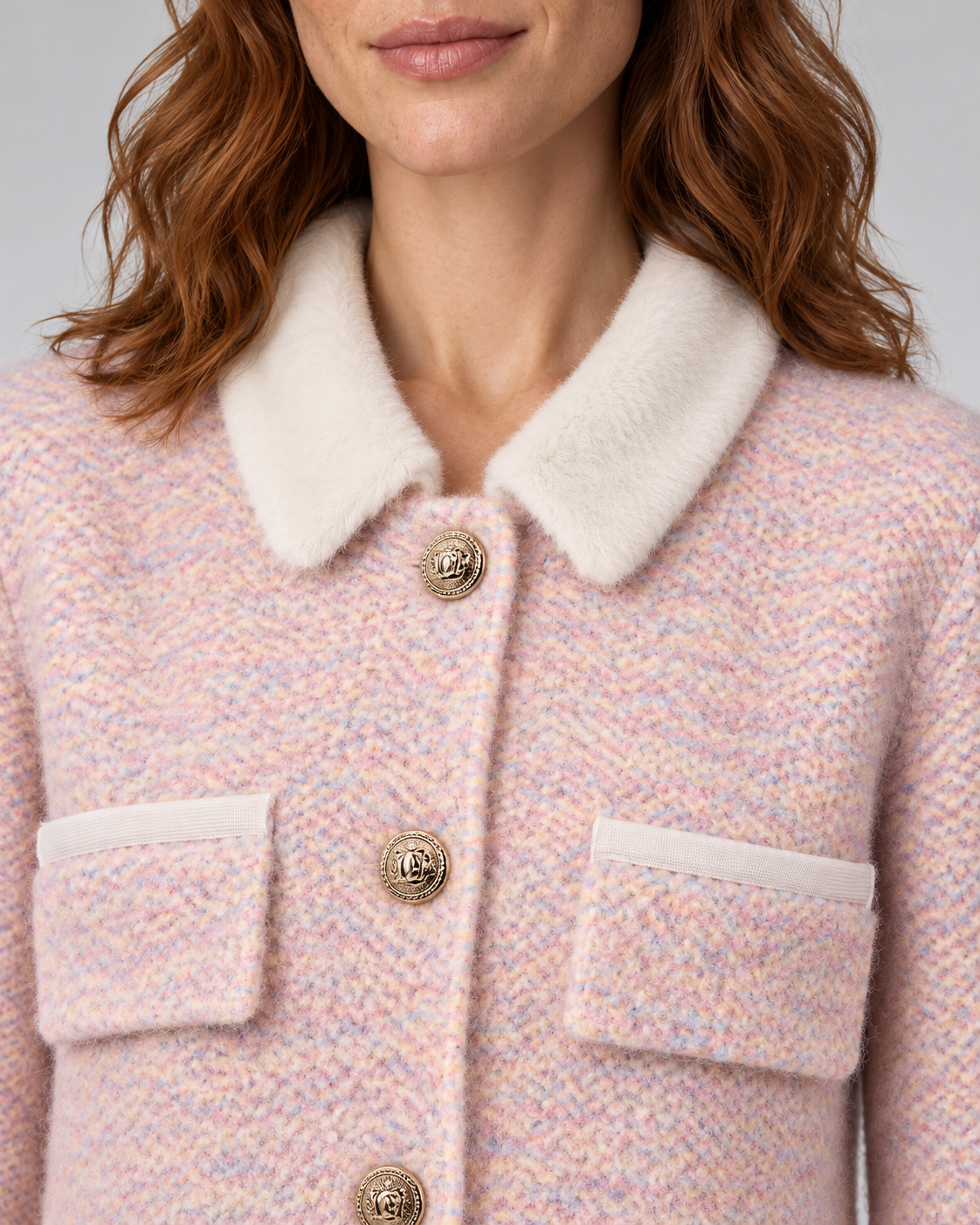 Pink fuzzy cropped contrast-collar cardigan, detail view