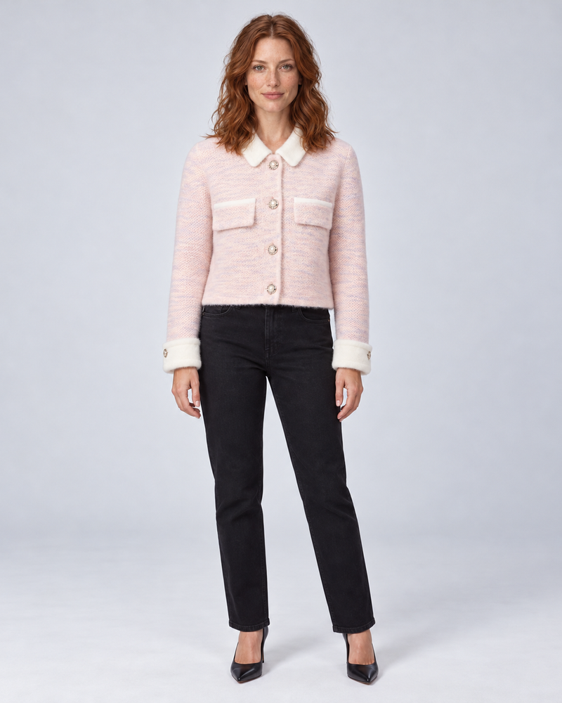Pink fuzzy cropped contrast-collar cardigan, front view