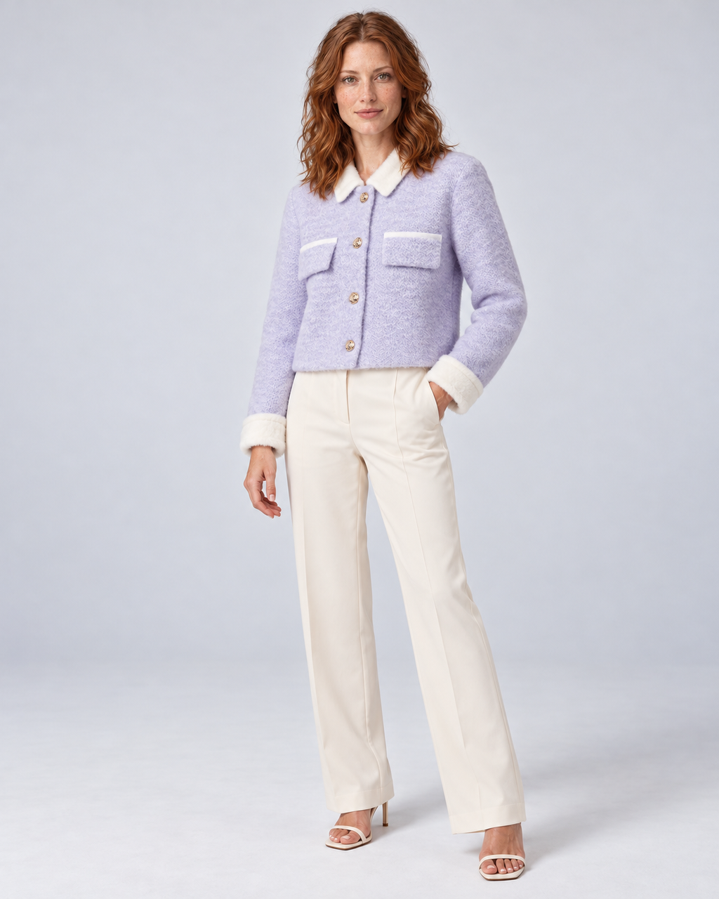 Purple fuzzy cropped contrast-collar cardigan, angle view