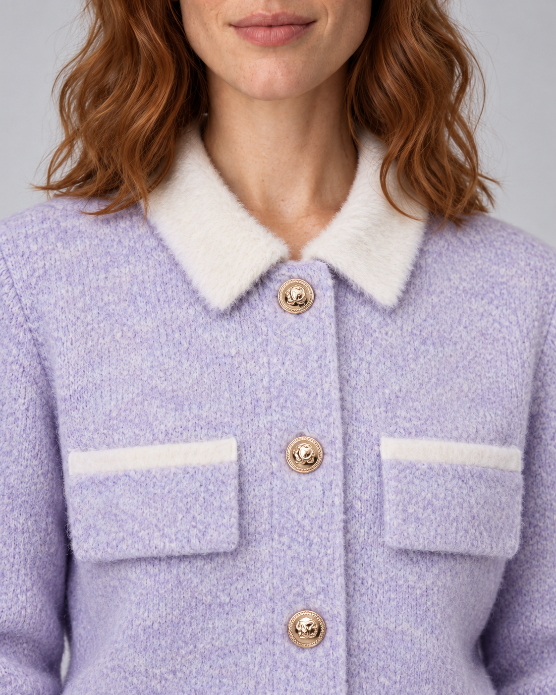 Purple fuzzy cropped contrast-collar cardigan, detail view