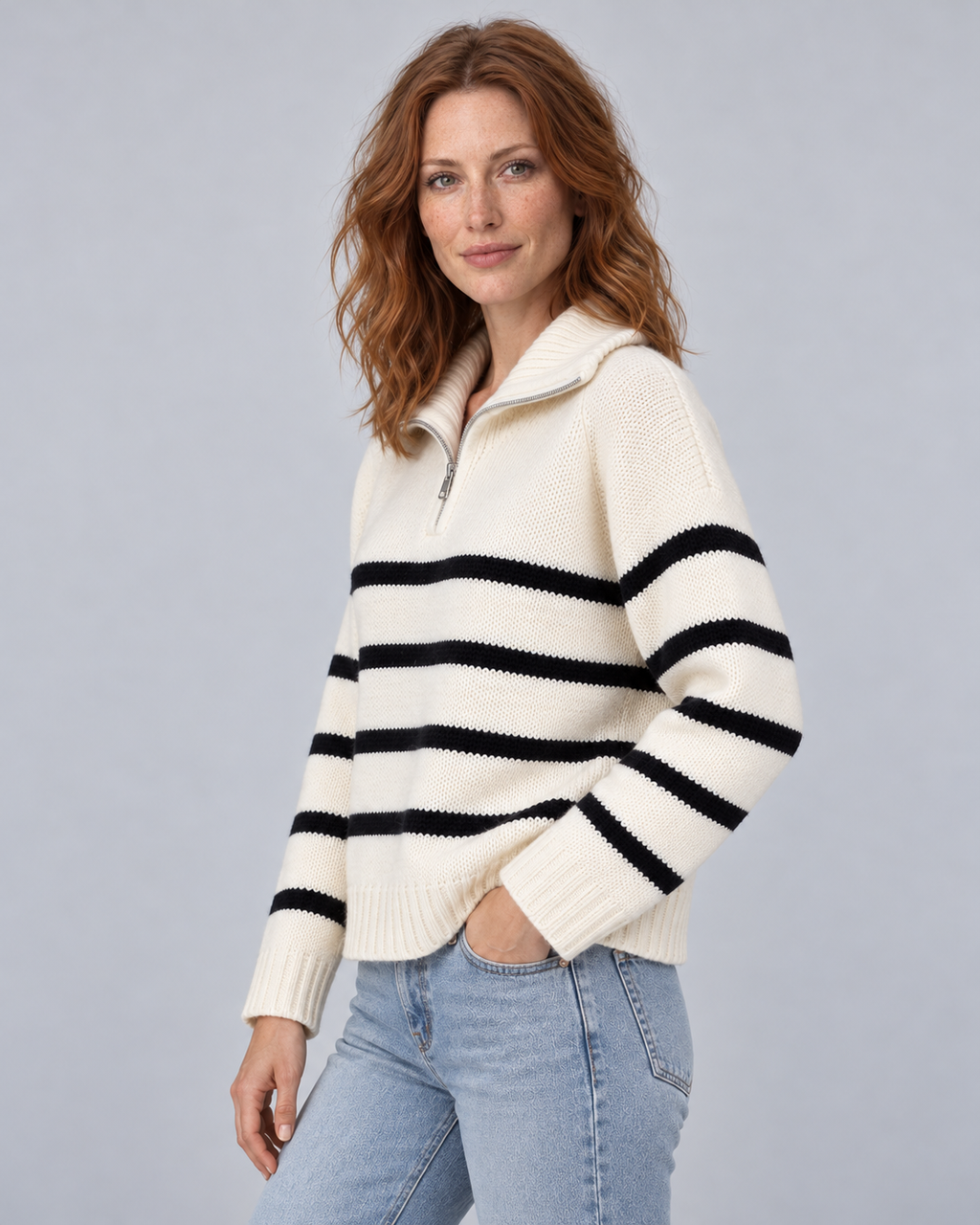 Woman wearing white striped half-zip funnel-neck jumper with long raglan sleeves, angle view
