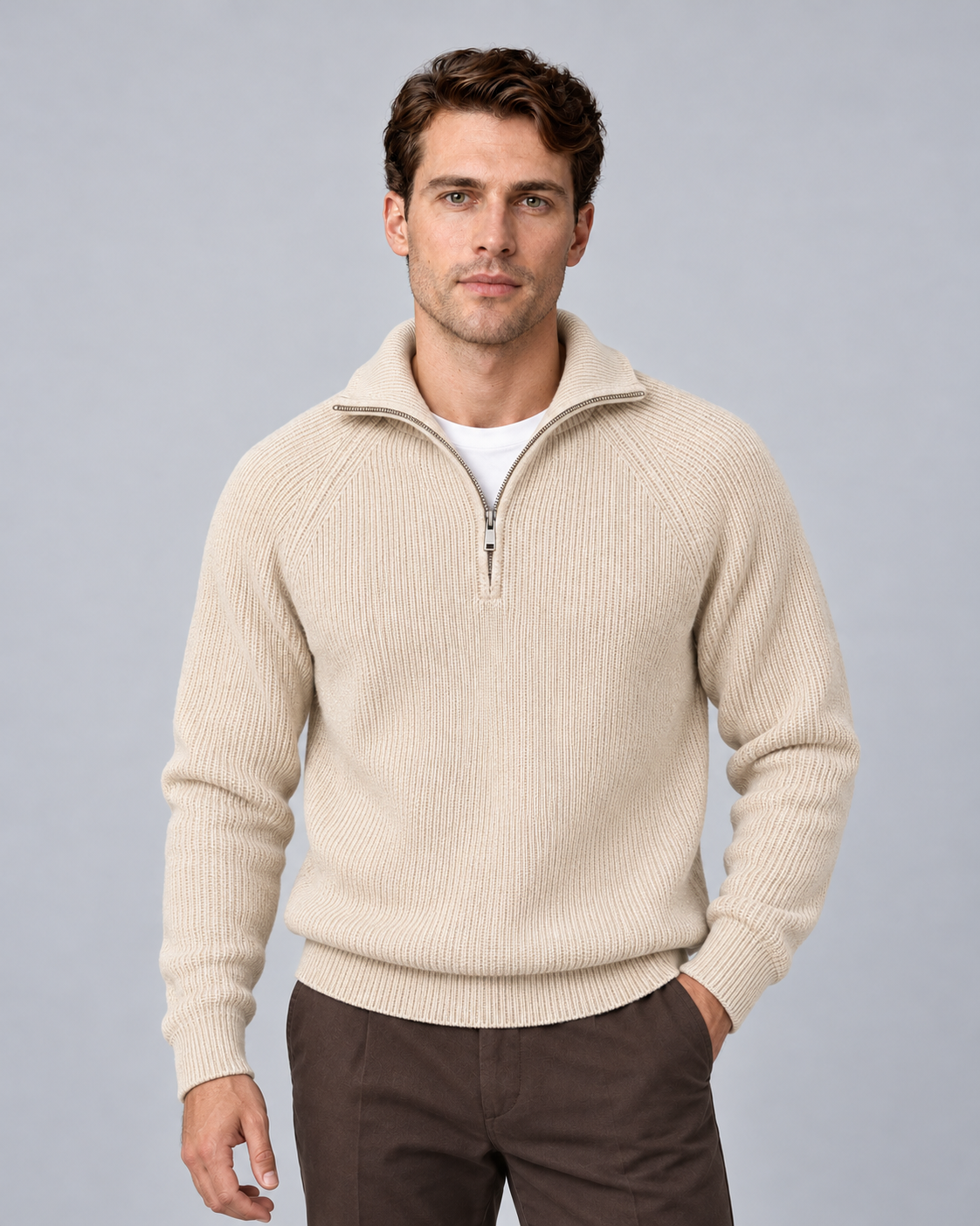 Man wearing beige quarter-zip ribbed knitted sweater with stand collar, front view