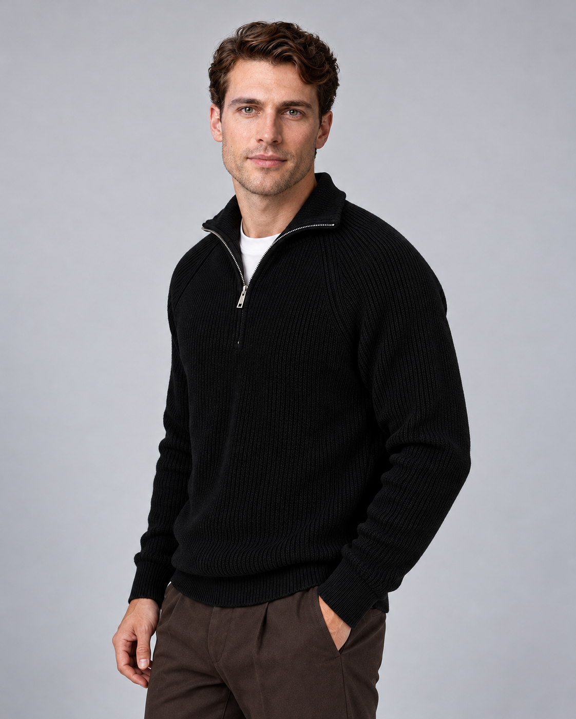Black quarter-zip ribbed knitted sweater, three-quarter view