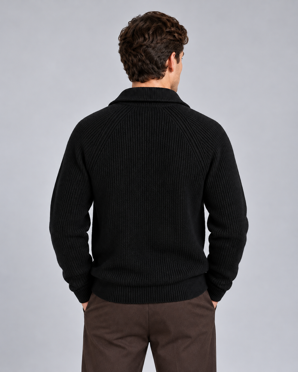 Black quarter-zip knitted sweater with raglan sleeves and ribbed hem, rear view