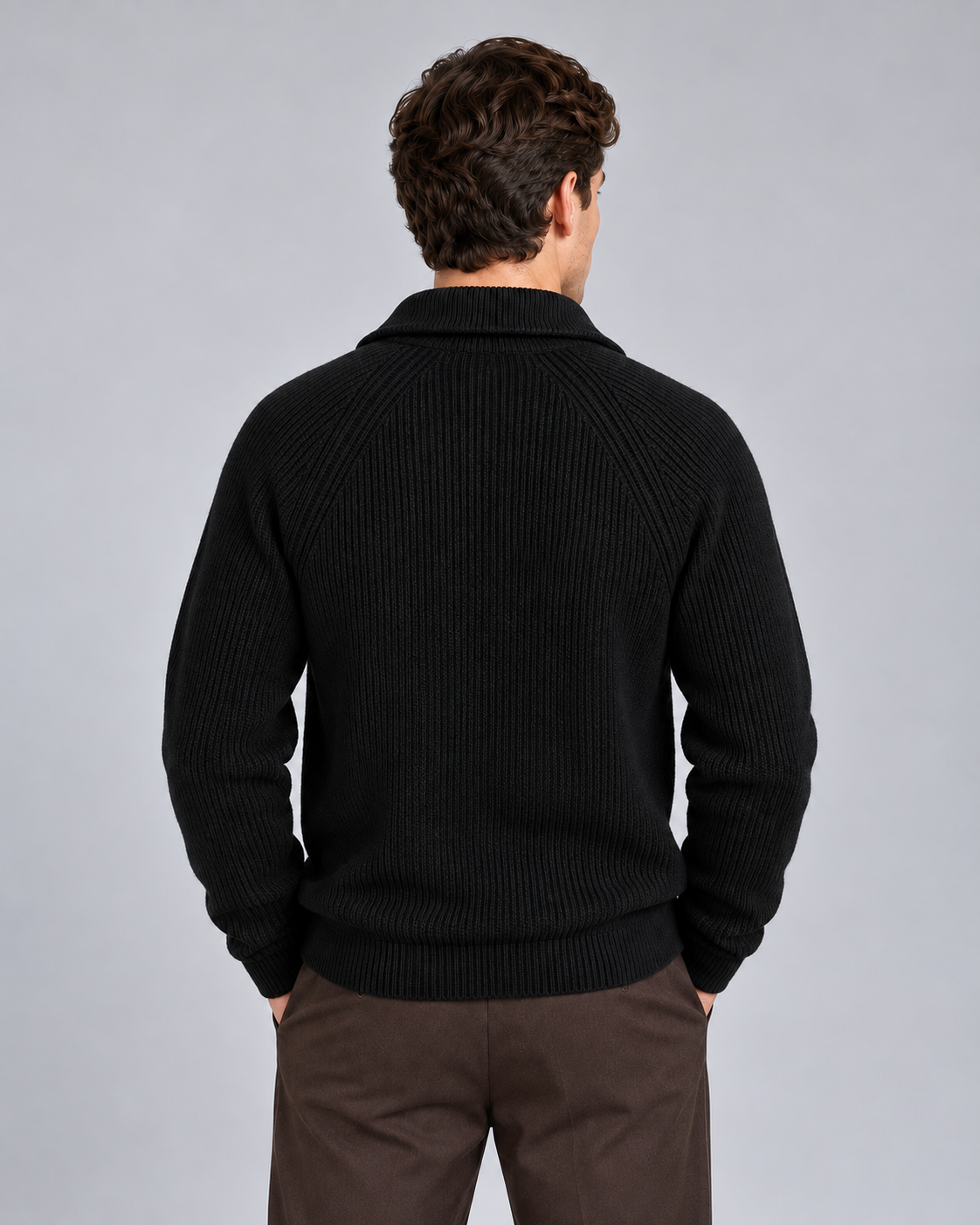 Black quarter-zip knitted sweater with raglan sleeves and ribbed hem, rear view