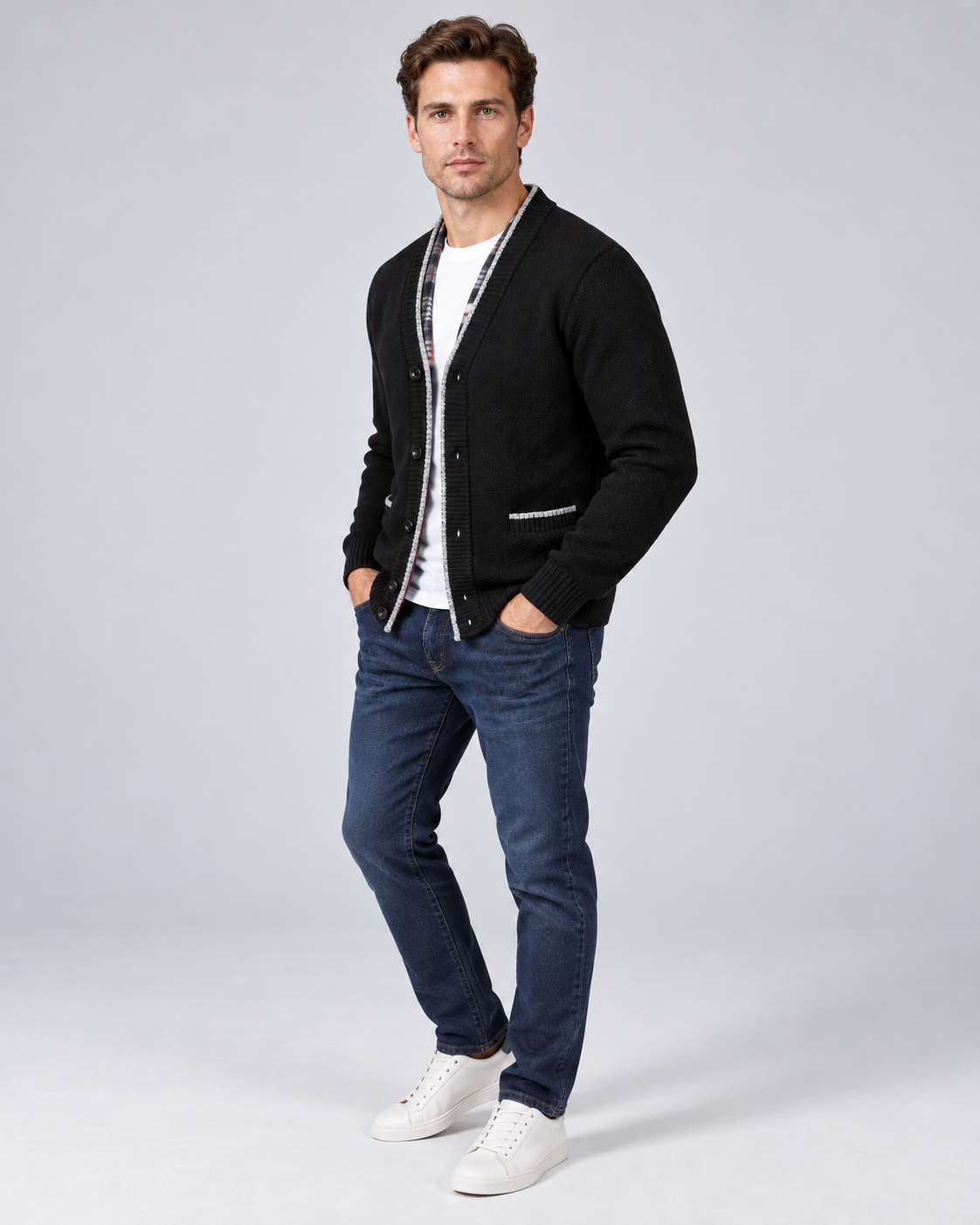 Black men's fleece-lined button-front cardigan, angle view