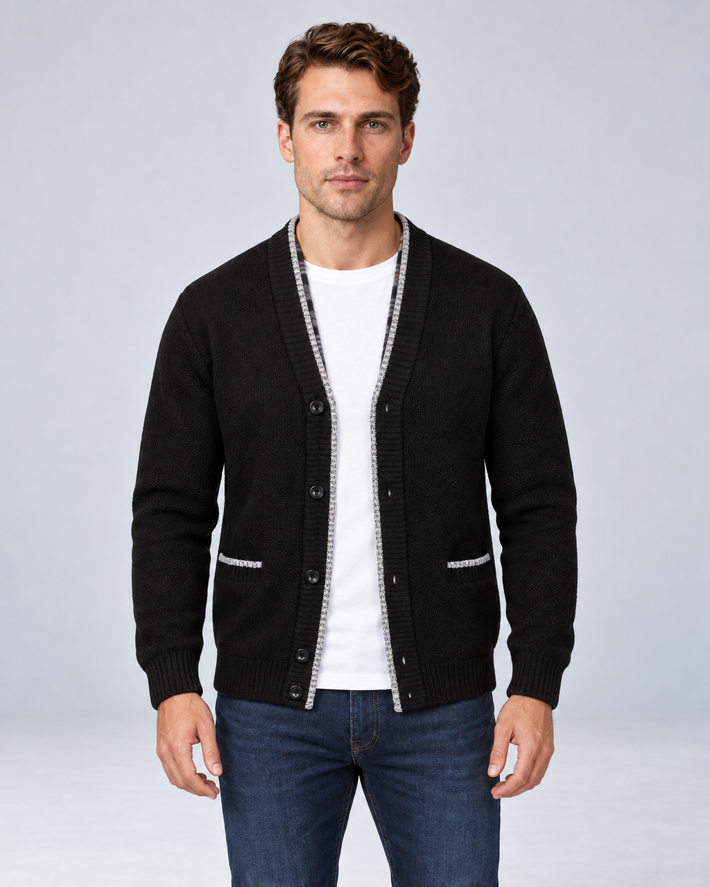 Black men's fleece-lined button-front cardigan, front view
