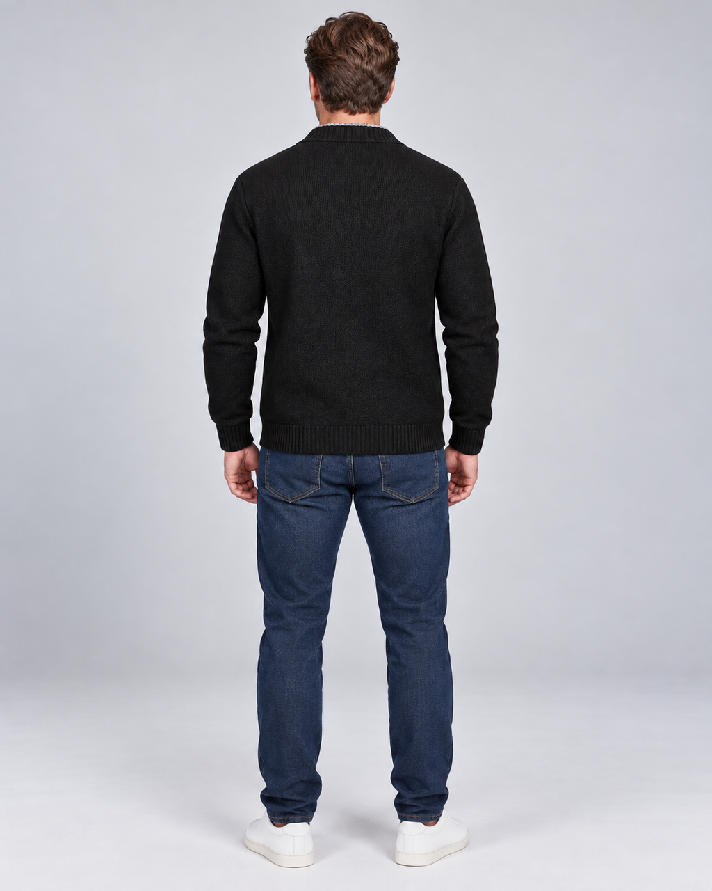 Black men's fleece-lined button-front cardigan, rear view