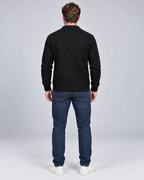 Black men's fleece-lined button-front cardigan, rear view