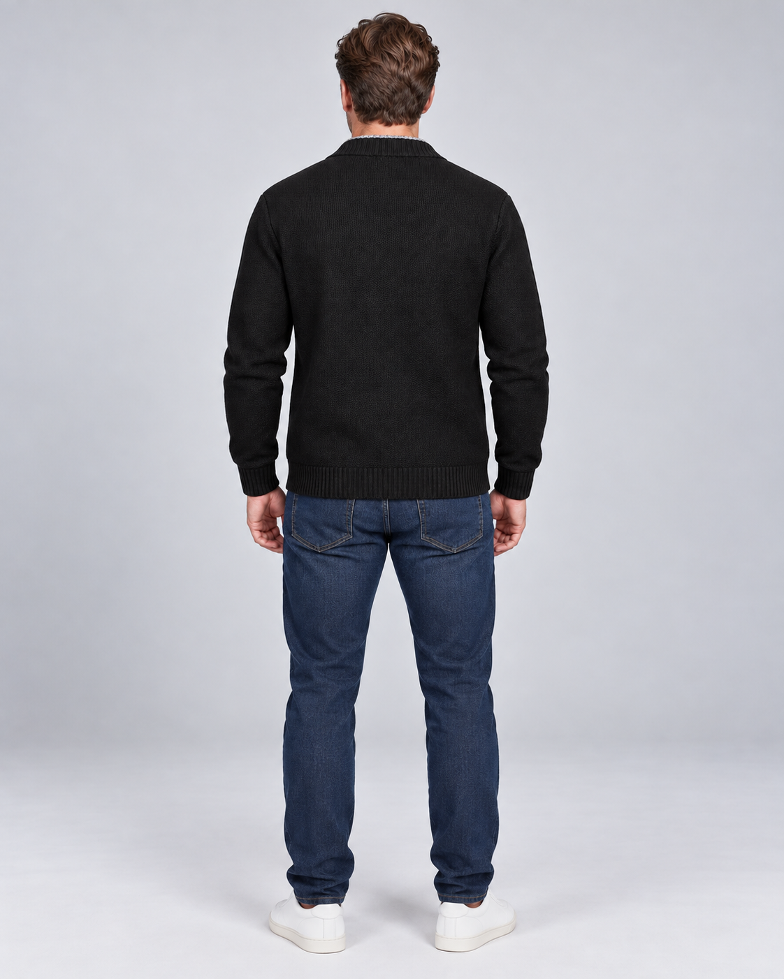 Black men's fleece-lined button-front cardigan, rear view