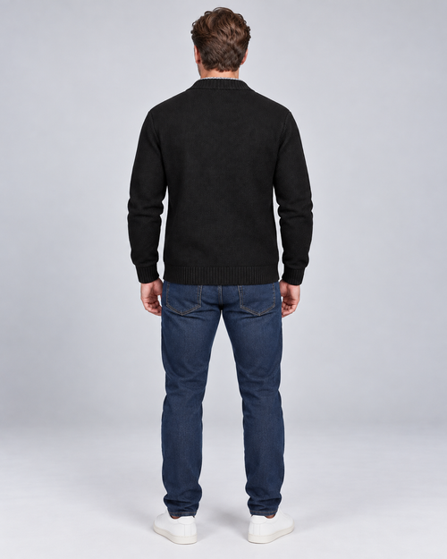 Black men's fleece-lined button-front cardigan, rear view