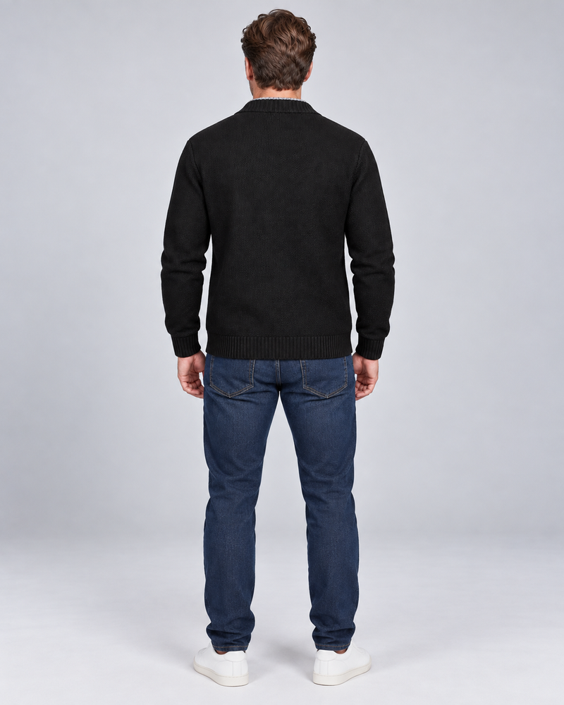 Black men's fleece-lined button-front cardigan, rear view