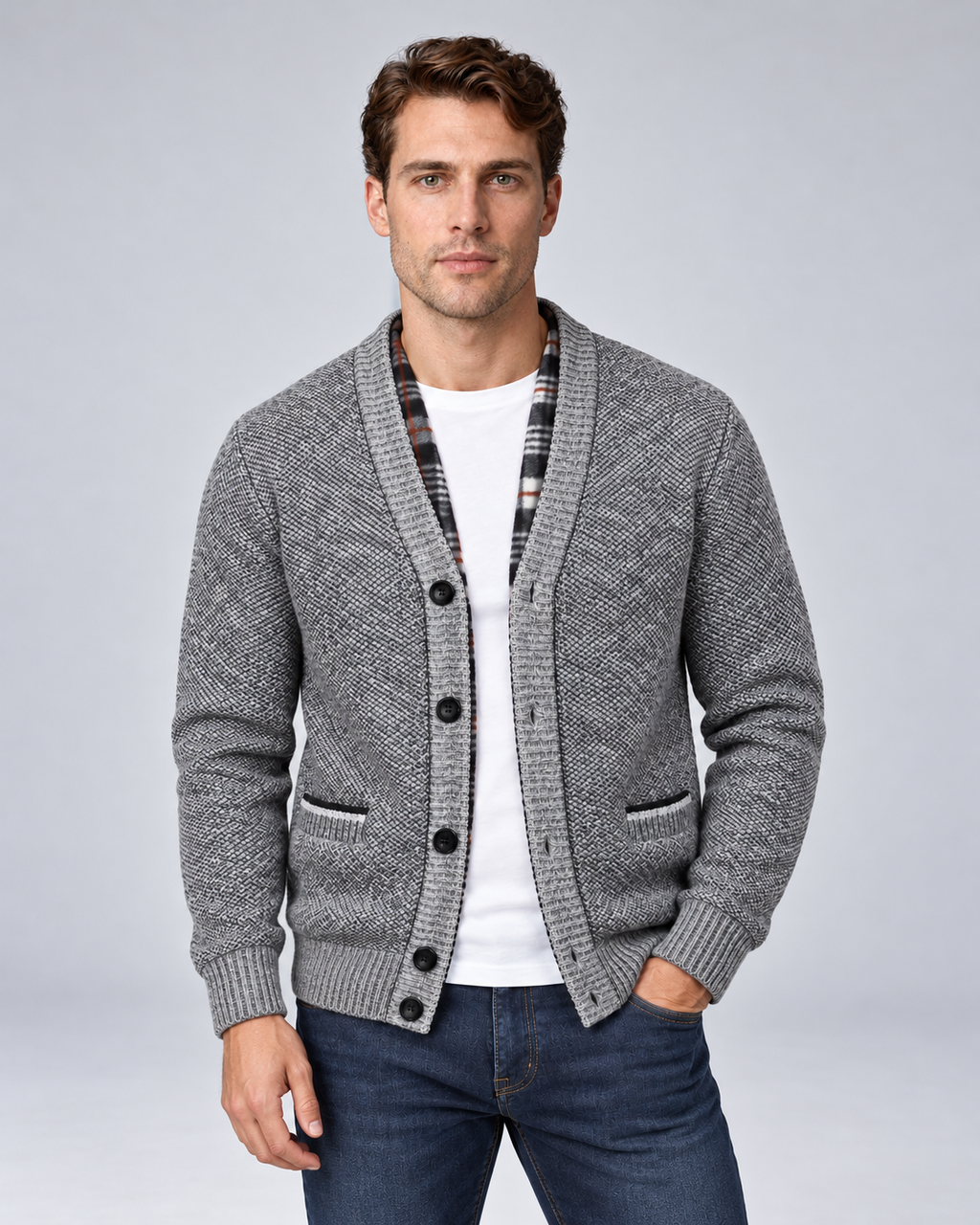 Light Grey men's fleece-lined button-front cardigan, front view