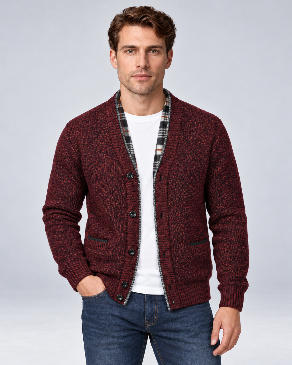 Red men's fleece-lined button-front cardigan, front view