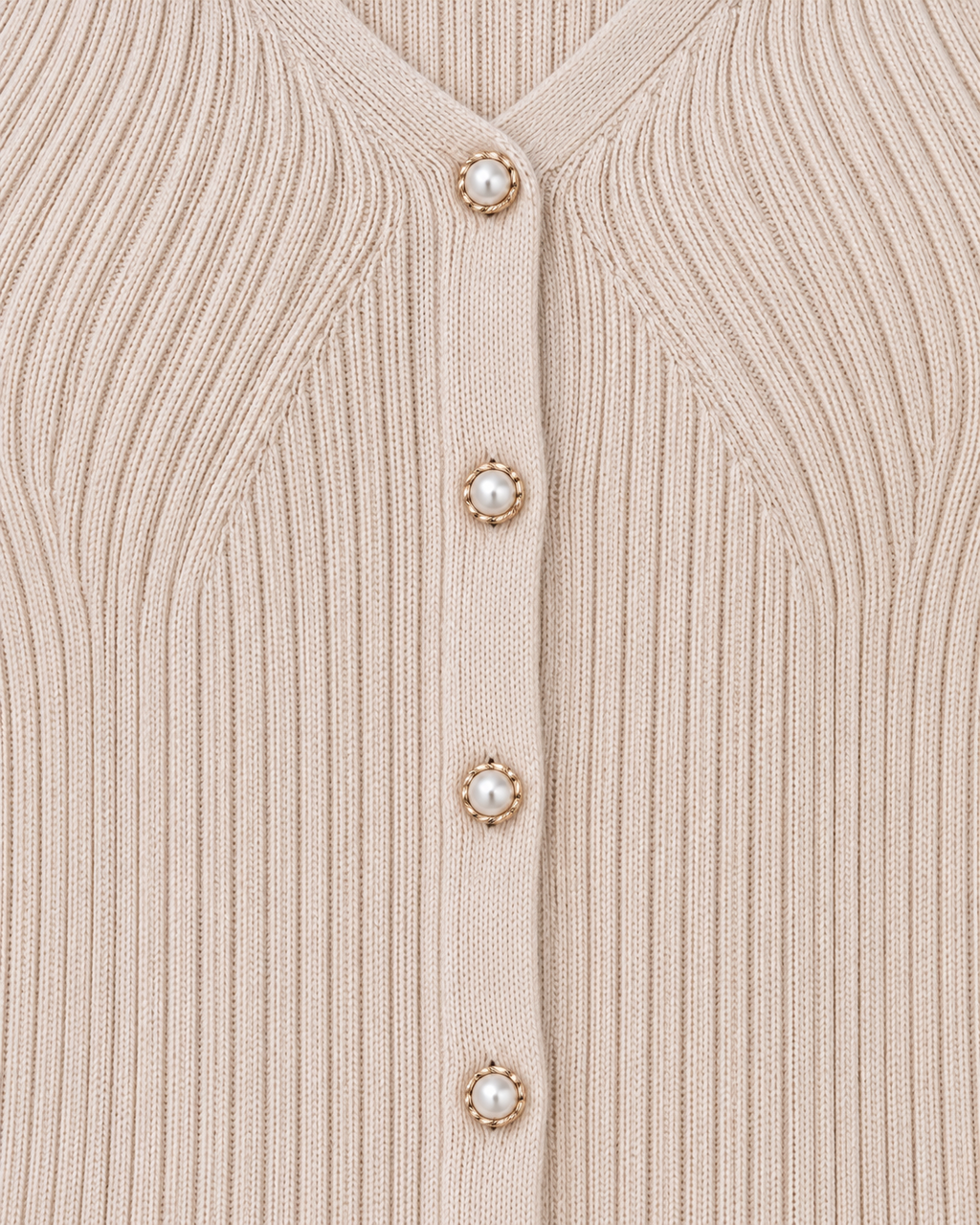 Beige ribbed V-neck button-up cardigan, garment-only knit and button detail