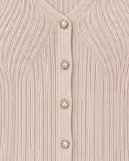 Beige ribbed V-neck button-up cardigan, garment-only knit and button detail