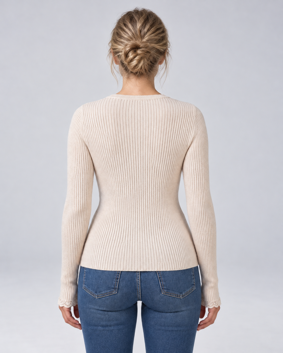 Beige ribbed V-neck button-up cardigan, rear view