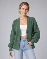 Women's V-Neck Button-Front Cardigan with Ribbed Knit and Long Sleeves