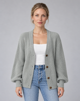 Women's V-Neck Button-Front Cardigan with Ribbed Knit and Long Sleeves