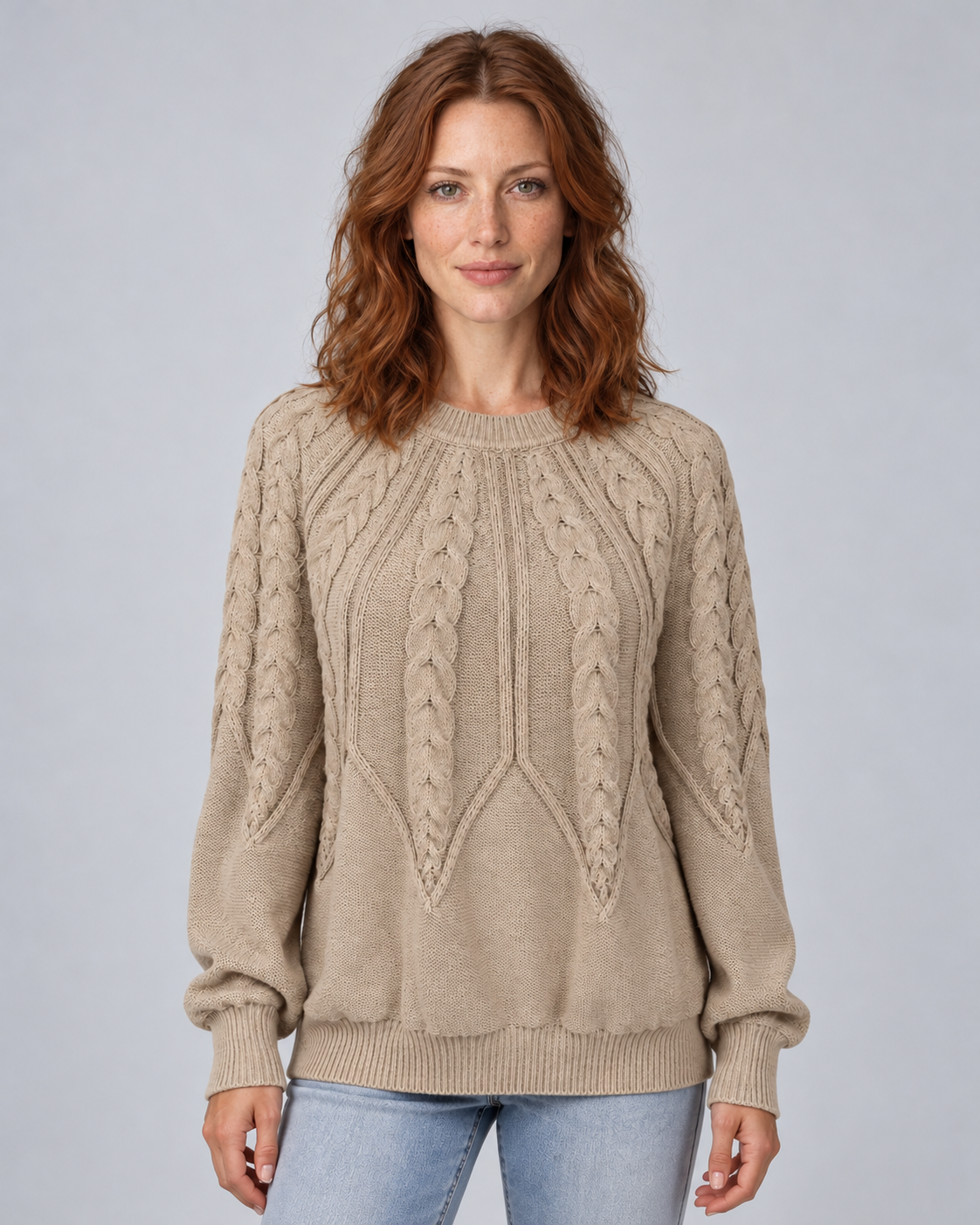 Woman wearing khaki cable knit crew neck jumper with long sleeves, front view