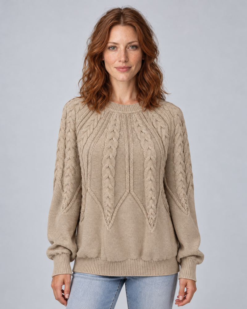 Woman wearing khaki cable knit crew neck jumper with long sleeves, front view