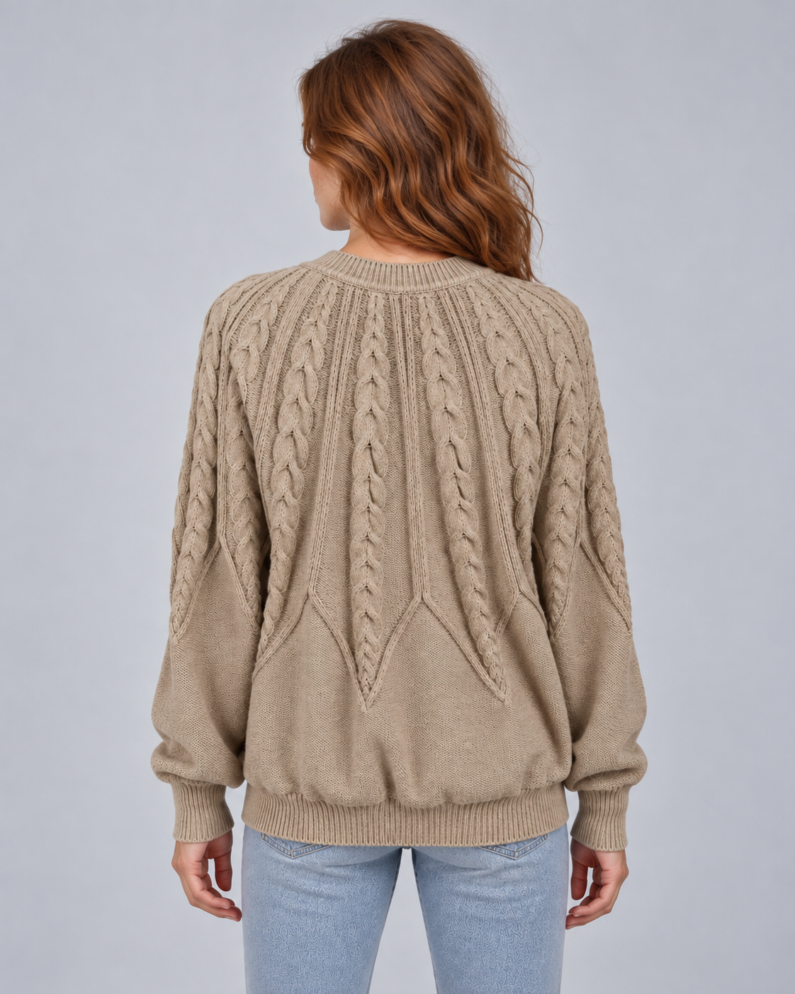Khaki cable knit jumper with ribbed trim, rear view