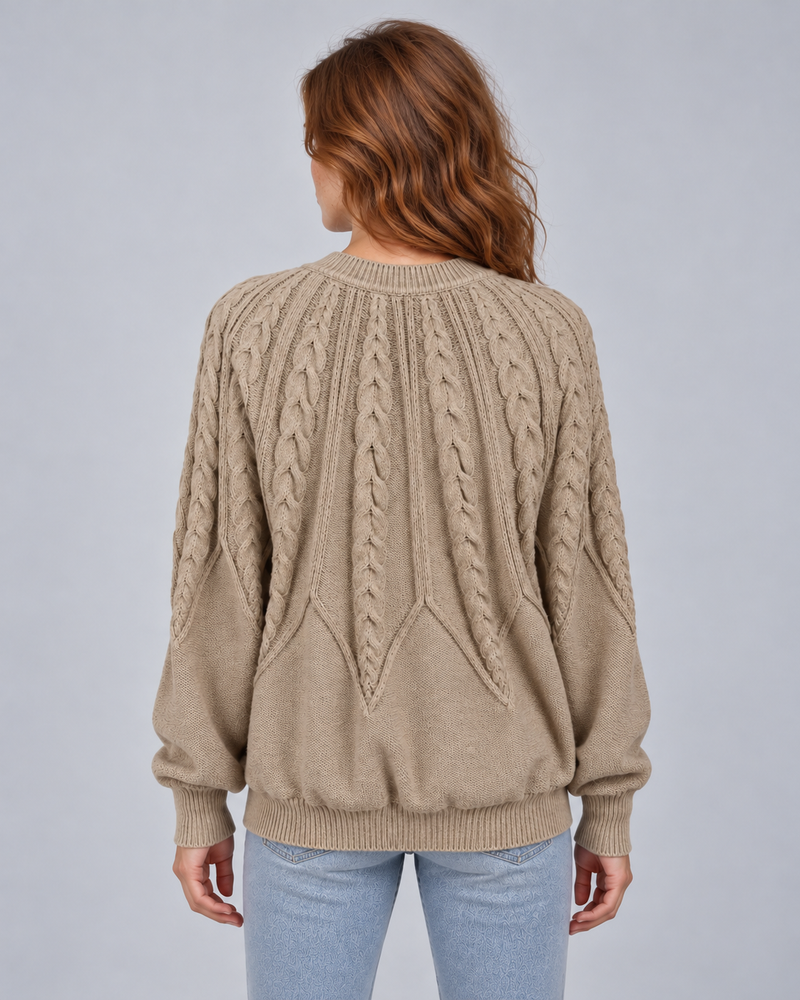 Khaki cable knit jumper with ribbed trim, rear view