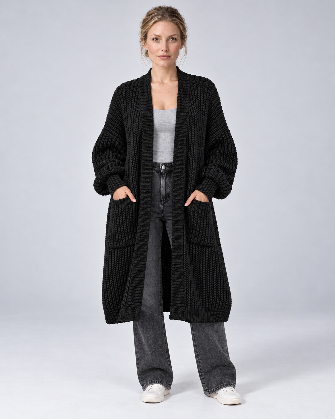 Black longline chunky knit open-front cardigan, front view