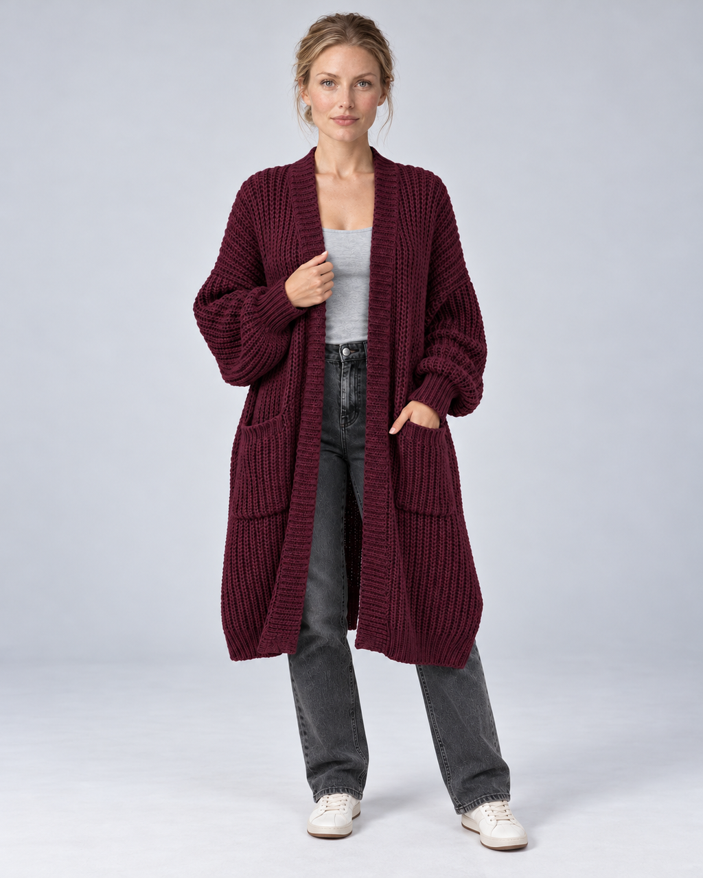 Burgundy longline chunky knit open-front cardigan, front view