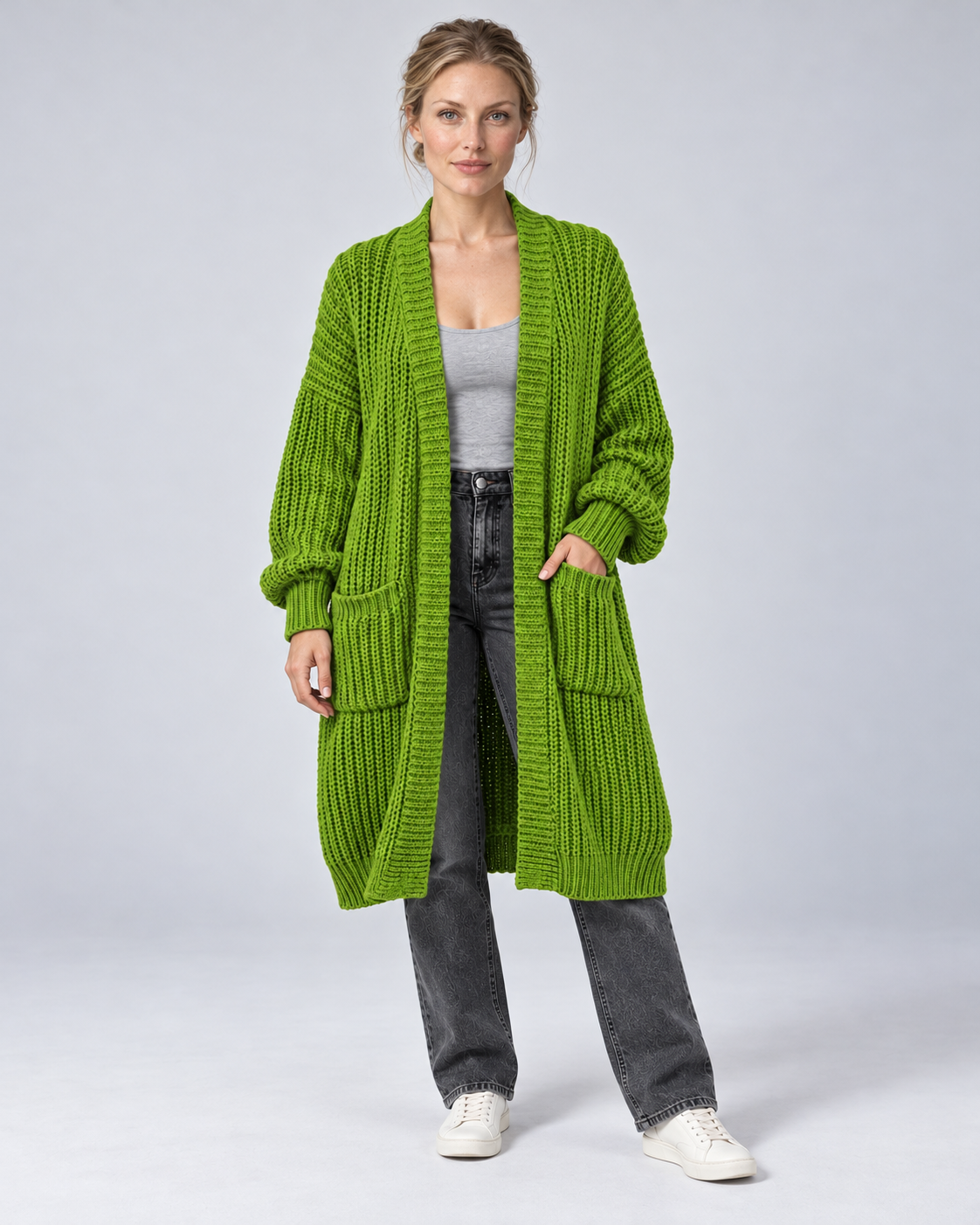 Green longline chunky knit open-front cardigan, front view