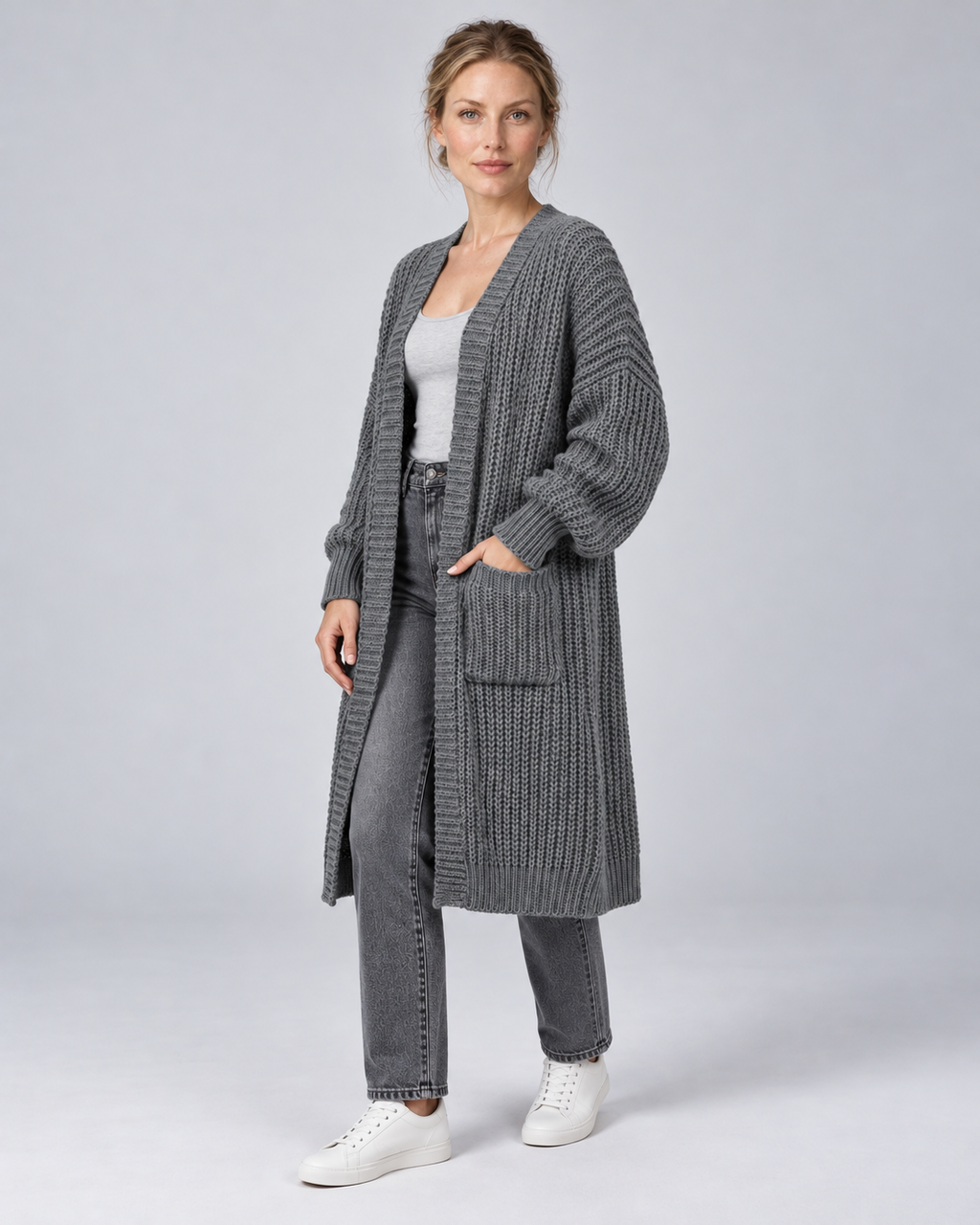 Grey longline chunky knit open-front cardigan, angle view