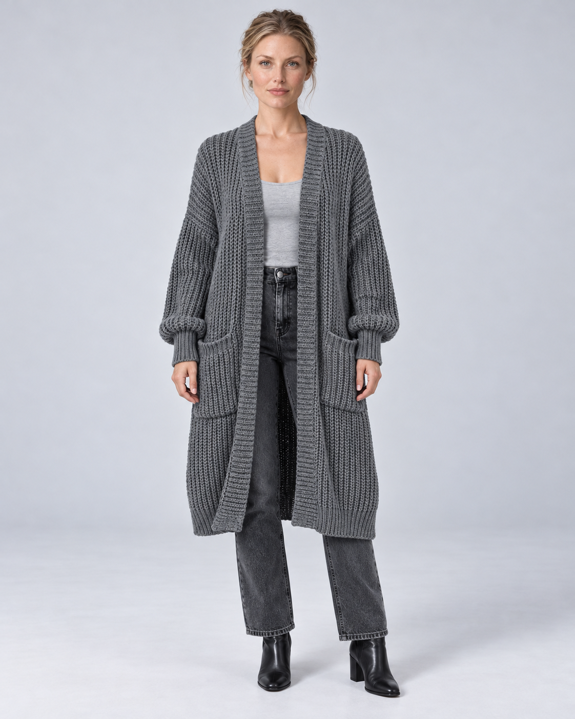 Grey longline chunky knit open-front cardigan, front view