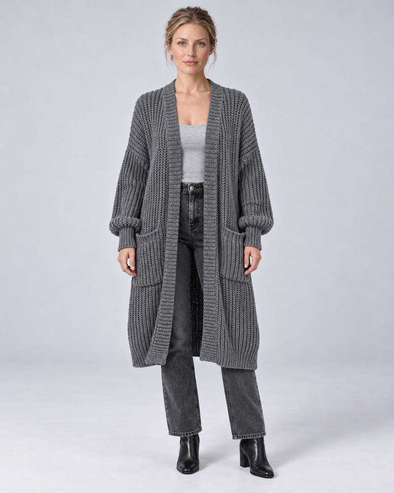 Grey longline chunky knit open-front cardigan, front view