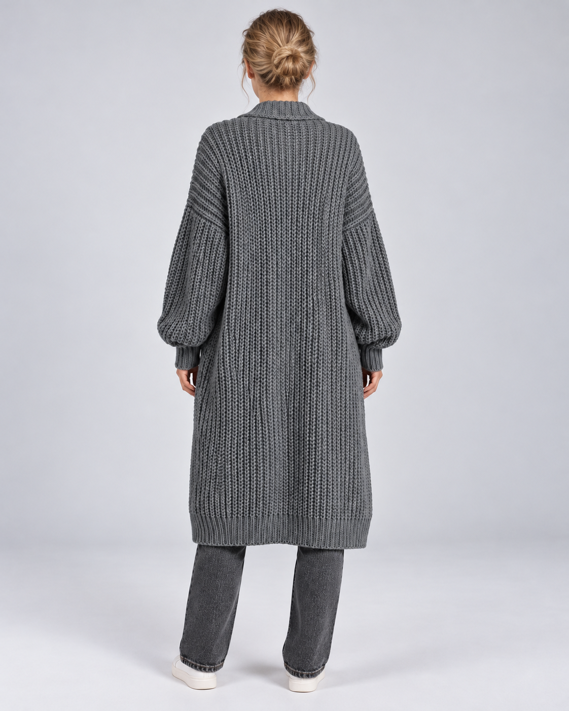 Grey longline chunky knit open-front cardigan, rear view