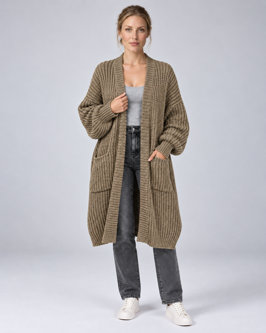 Khaki longline chunky knit open-front cardigan, front view