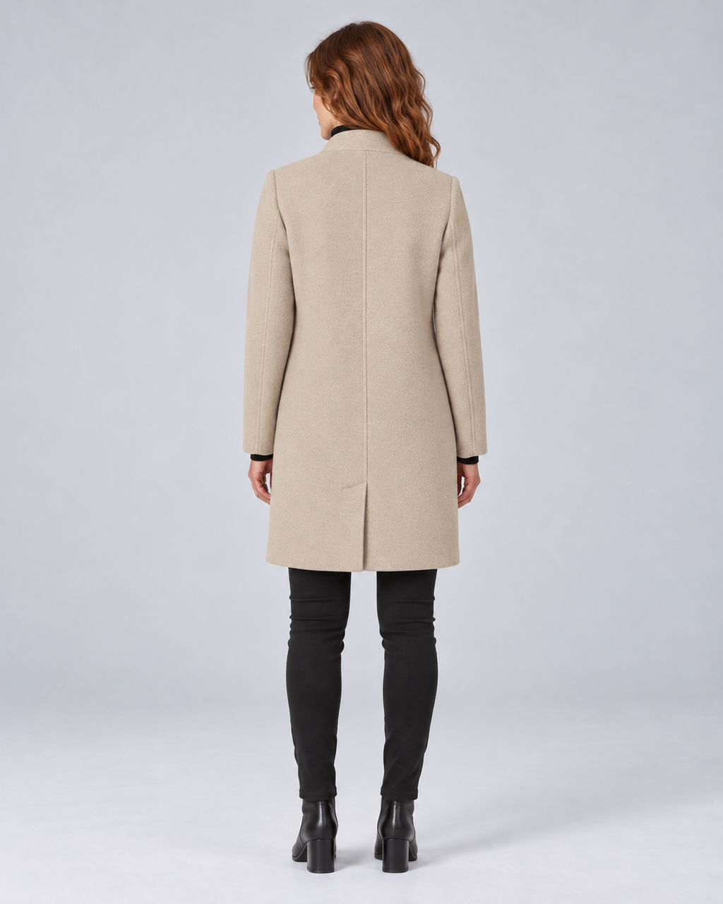 SAILSATIN tailored overcoat in Beige, back studio image