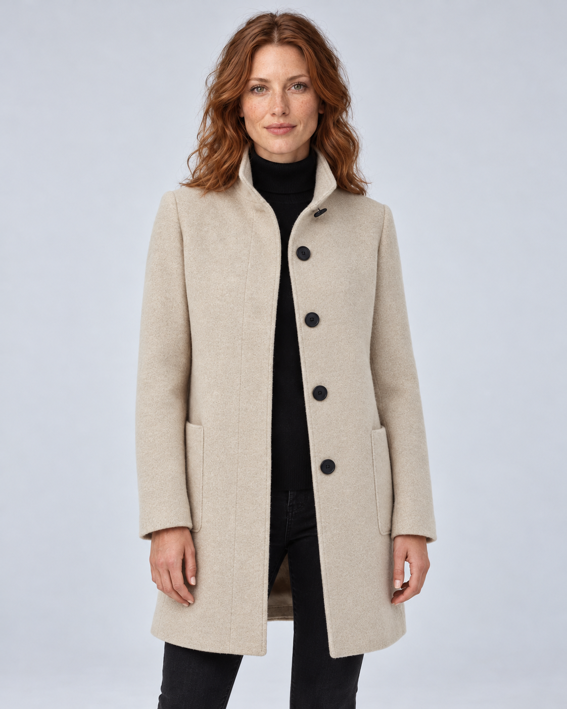 SAILSATIN Charlotte tailored overcoat in Beige, front studio view