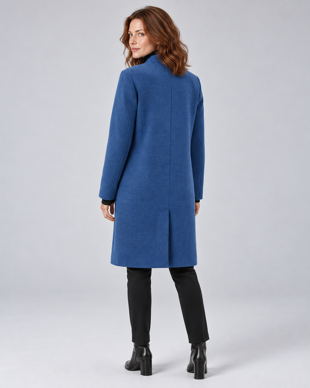 SAILSATIN tailored overcoat in Blue, back angle studio image