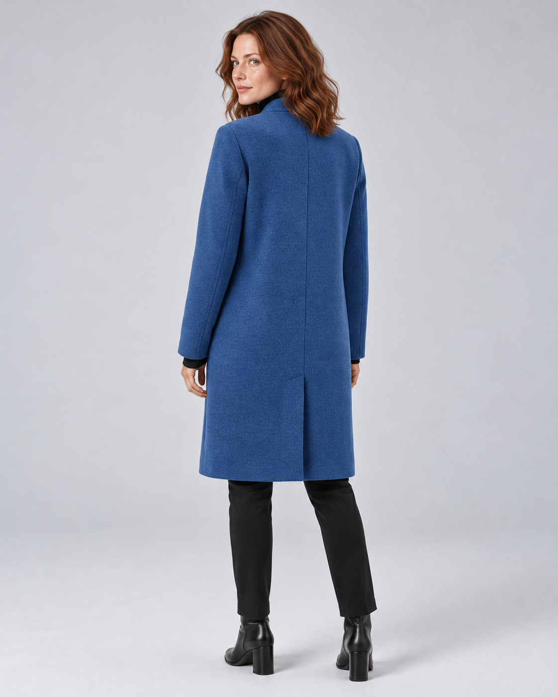 SAILSATIN tailored overcoat in Blue, back angle studio image