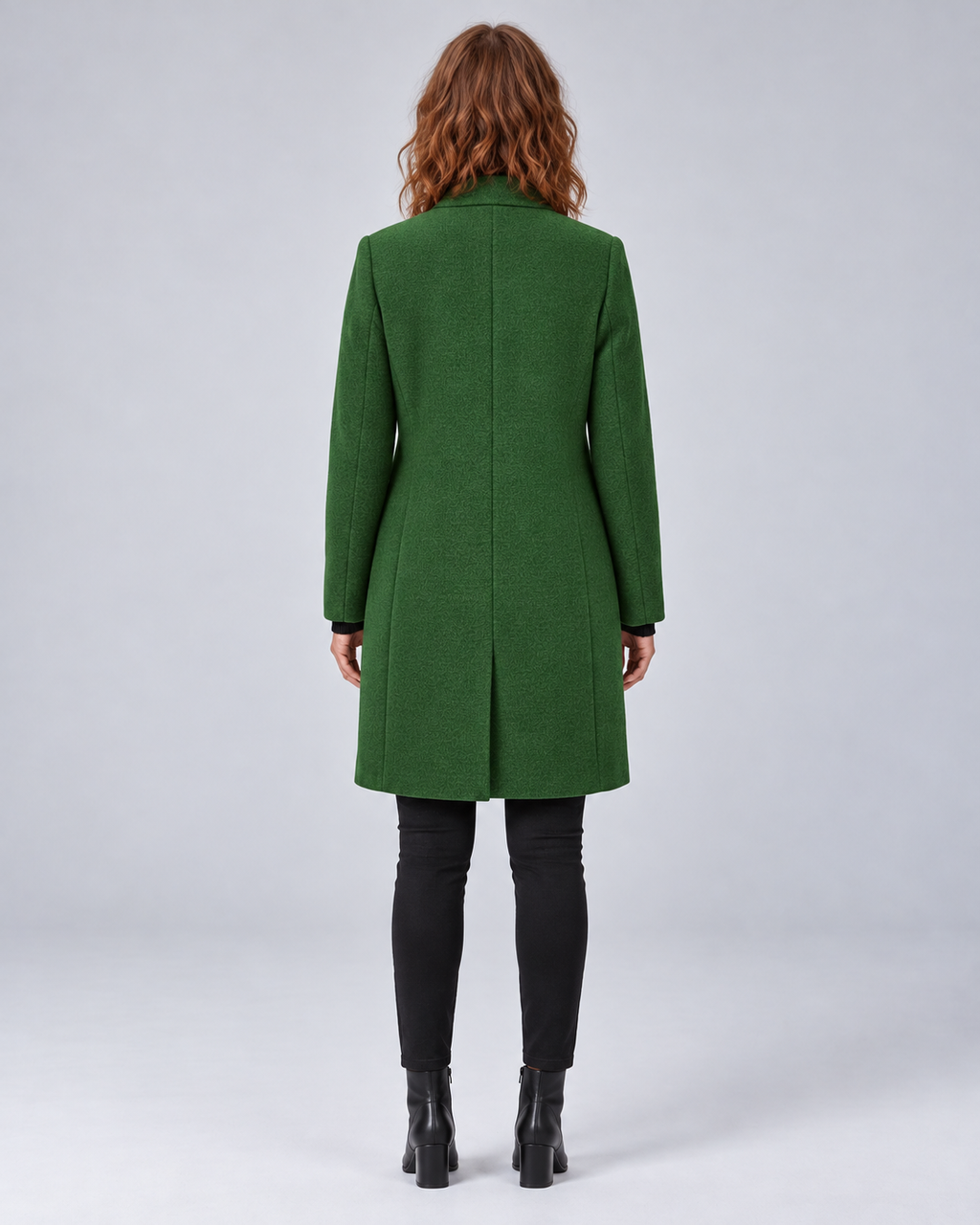 SAILSATIN tailored overcoat in Green, back studio image