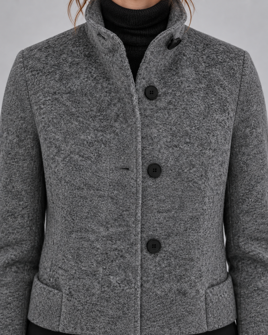 SAILSATIN Charlotte tailored overcoat in Grey, collar detail studio view
