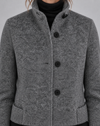 SAILSATIN Charlotte tailored overcoat in Grey, collar detail studio view