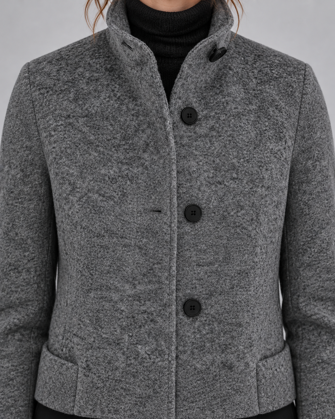 SAILSATIN Charlotte tailored overcoat in Grey, collar detail studio view