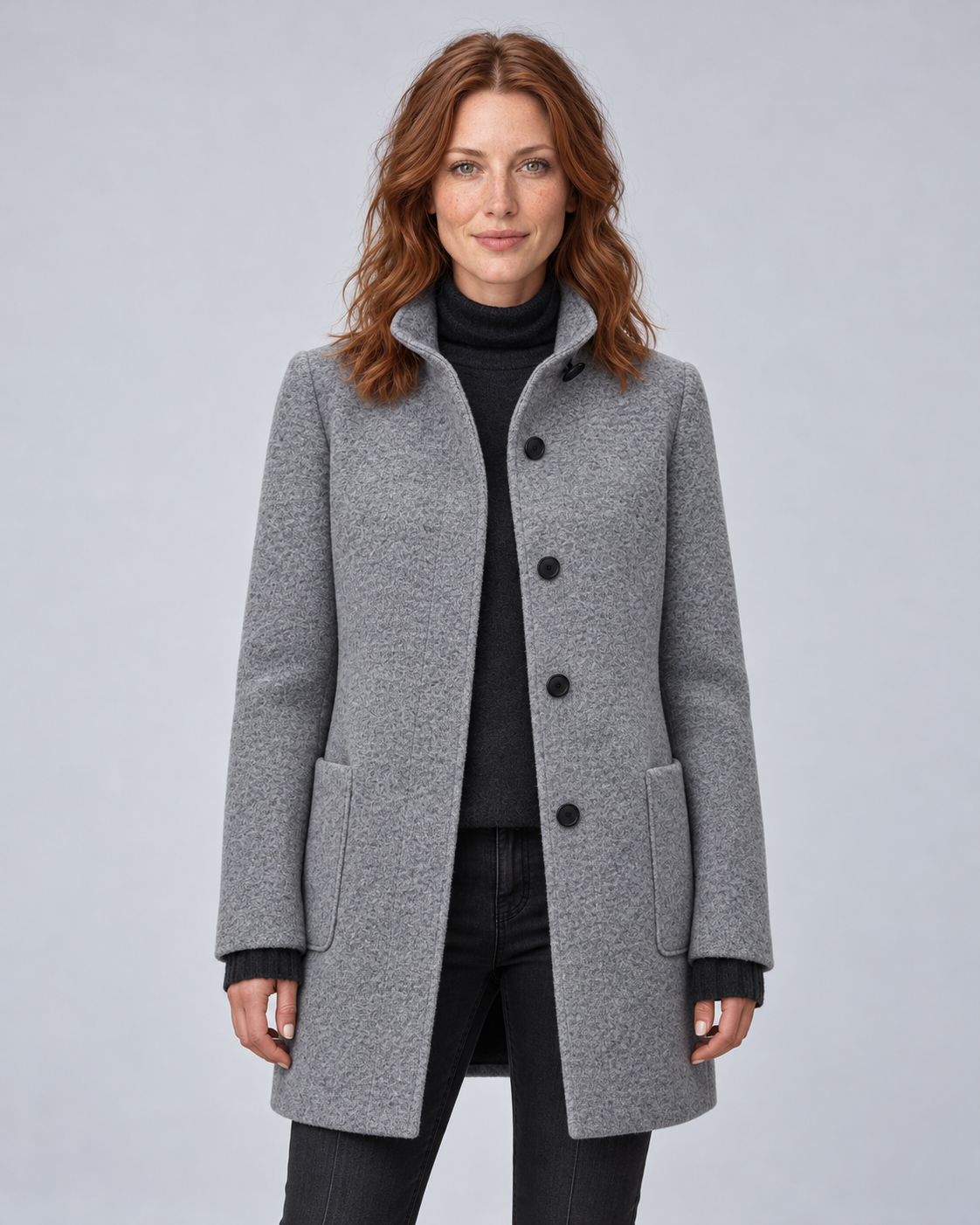 SAILSATIN tailored overcoat in Grey, front context pose studio image
